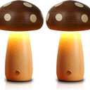 LONRISWAY 2 Pack LED Wood Mushroom Table Lamp, Rechargeable Cordless Touch Bedside Small Lamps, Wireless Step less Dimming Night Light, Portable Battery Lamp for Bedroom Nightstand for Birthday Gifts