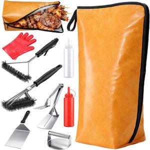 21" Insulated BBQ Blanket for Resting Meat, 9 Pcs Griddle Accessories Set, Heat Resistant Gloves, Stainless Steel Griddle Spatula, Tongs& Brushes, Meat Press, Gift for Men, Dad, Grill Lovers