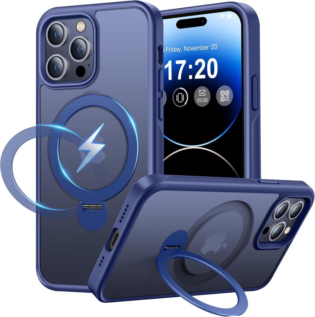 360° Rotatable Magnetic Stand for iPhone 14 pro Case Compatible with Mag-Safe 16FT Military Drop Protection, Anti-Scratch/Fingerprint Shockproof iPhone 14 pro Phone Case(Matte-Blue)