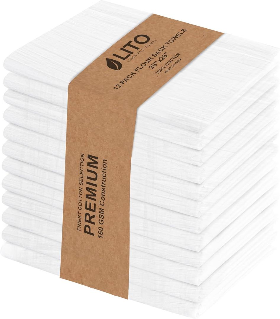 LITO LINEN AND TOWEL Flour Sack Towels  100% Cotton, 28x28 Inches, Highly Absorbent, Embroidery-Ready Tea Towels for Kitchen & Crafts, Farmhouse Decor, Pack of 12 White