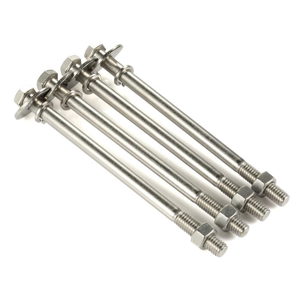 Mellewell 3/8-16 x 7 Hex Head Bolts with Hex Nuts and Thick Flat & Lock Washers, Partially Threaded, Stainless Steel 18-8, Plain Finish, 4 Sets