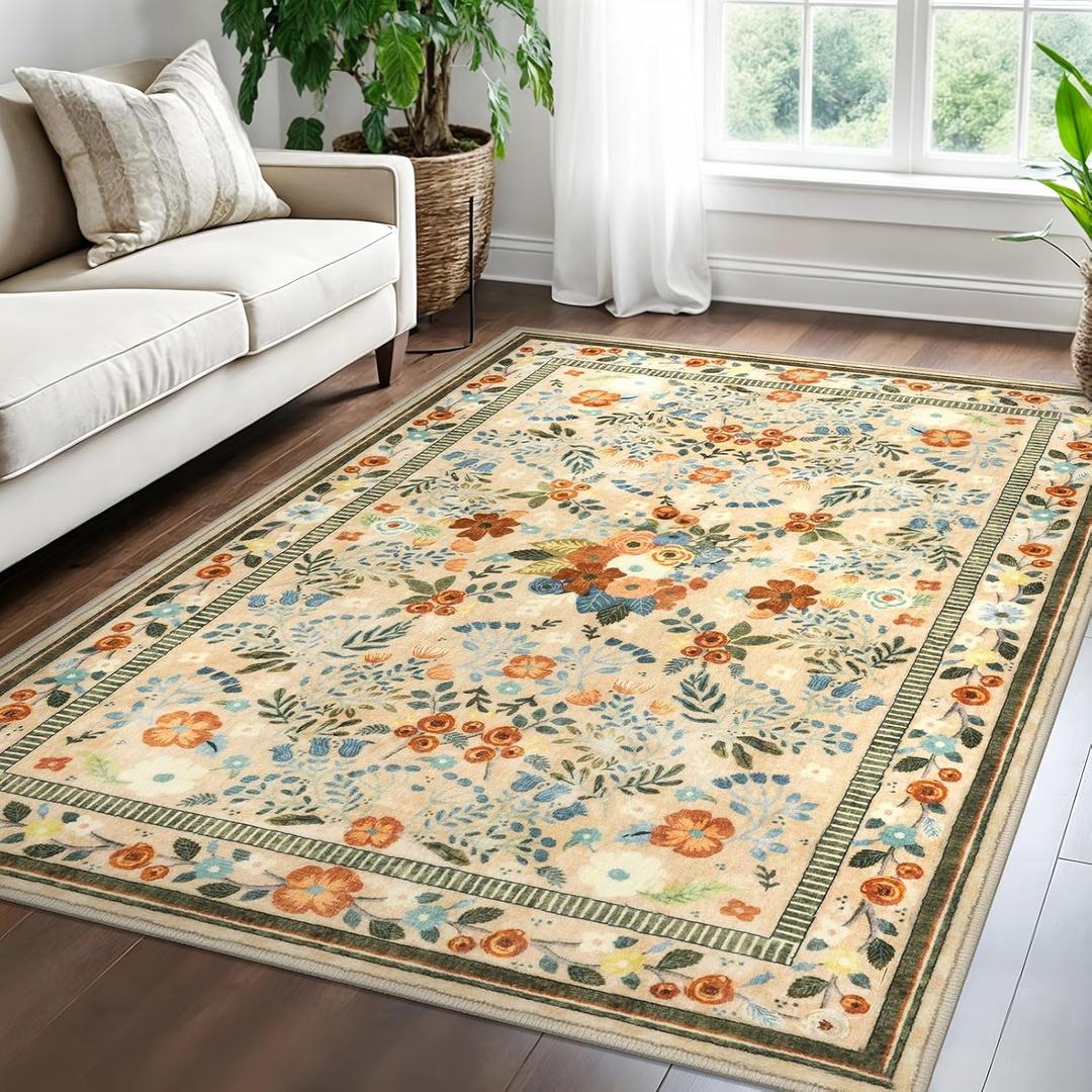 Rugs for Living Room 5x7, Machine Washable Non-Slip Thin Area Rugs, Boho Vintage Floral Soft Bedroom Carpet Rug for Home Indoor Dining Room, Beige/Multi