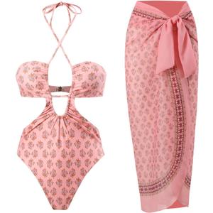 IDOPIP Women's One Piece Swimsuit with Beach Cover up Wrap Skirt Sarong Retro Floral Print Bikini Set Two Piece Bathing Suit (X-Large, Pink - Halter)