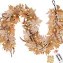 Neutral Fall Garland with Lights - 6 Ft Lighted Fall Felt Leaves for Mantle Outdoor Decor Light Up Autumn Leaf for Home Fireplace Decorations