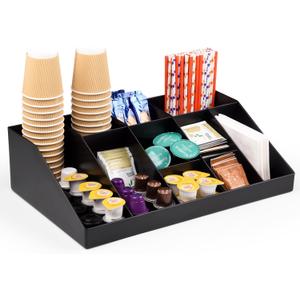 SZQINJI Coffee Condiment Organizer Holder 10Compartment Break Room Coffee Condiment Caddy Cup Storage Holder, Black