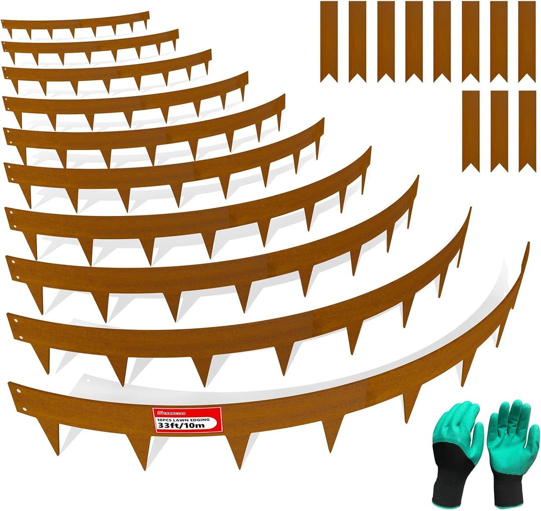 33ft. Cor-Ten Steel Landscape Edging (10-Pack)  40" Metal Edging for Landscaping with 11 Stakes, Hammer-in Metal Landscaping Edging for Yard Pathway & Flower Beds  Lawn Edge for Garden Design (Rusted)