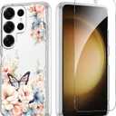 Flower Phone Case Floral for Samsung Galaxy S23 Ultra 5G 6.8'' with Screen Protector, Clear Transparent Phone Cover Slim Soft Shockproof Anti-Scratch Drop Protection Funda for Girls Women