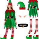 DERJLY Christmas Girls Elf Costume: 6-Pack Kit Kids Holiday Helper Outfit with Velvet Dress Shoes Hat Belt Sock Ear (X-Large)