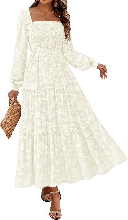 KIRUNDO Wedding Guest Dresses for Women Spring 2026 Long Sleeve Smocked Floral Flowy A Line Boho Maxi Dress Fashion Clothing, Size M