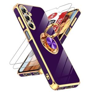 LeYi for Samsung Galaxy A16-5G Case: 2 Pack Tempered Glass Screen Protector and 360° Rotatable Ring Holder Magnetic Kickstand, Plating Rose Gold Edge para Case, Deep Purple