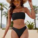 ZAFUL Women Strapless Textured Bandeau Bikini 2 Piece Swimwear Cheeky Solid Lace up Bathing Suits (Black, M)
