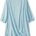 Lafural Womens V Neck Cotton Casual Loose Shift Tunic Smock Summer Dresses Vacation Dress 3/4 Sleeve Pocket (Blue, M)