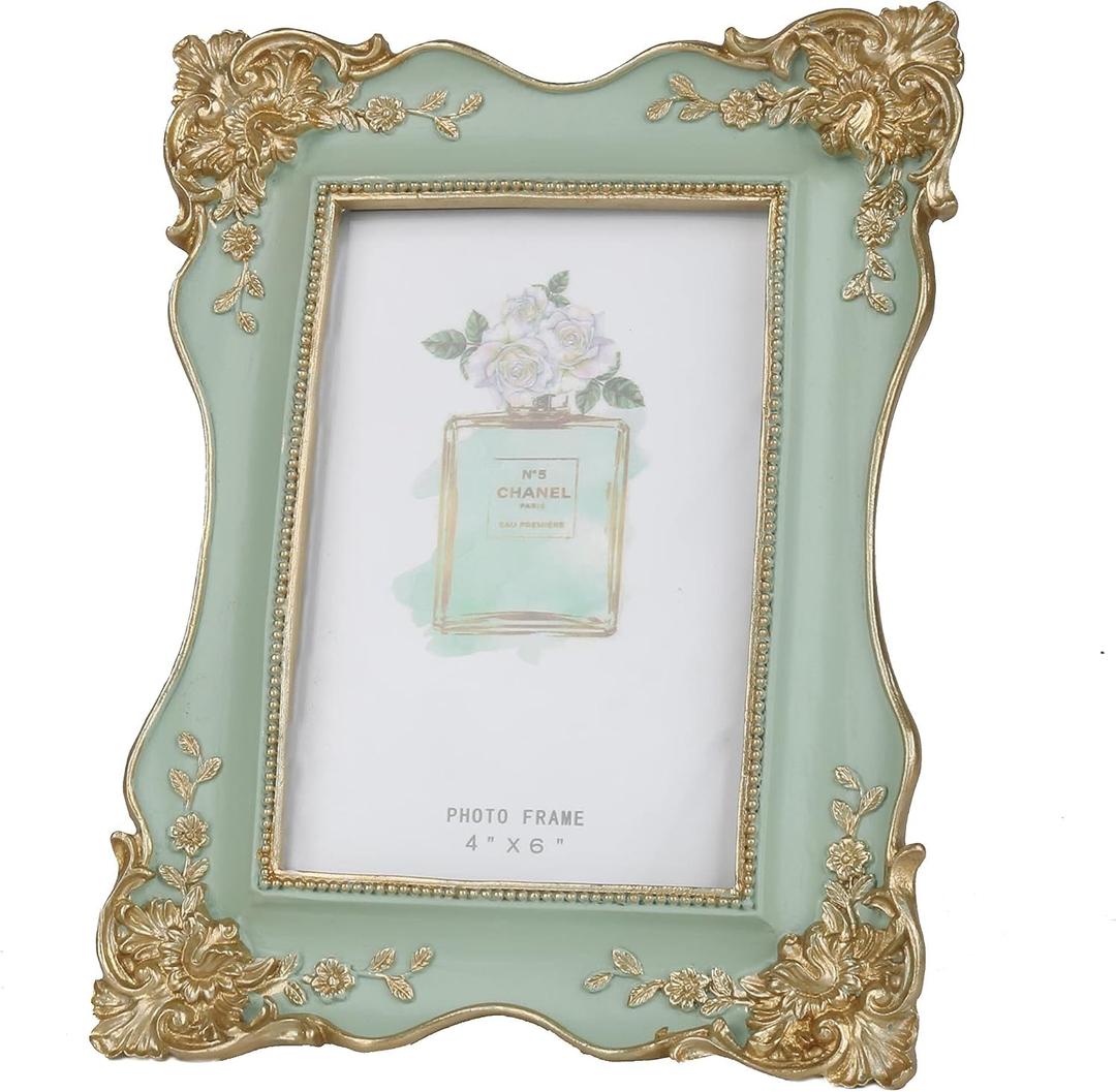 Kaolituis Vintage Picture Frame 4x6 with Gold Trim Antique Tabletop Wall Hanging Photo Frame with Glass Front for Home Decor,Gift Ideas (Green), 6.7 x 9.1 inches