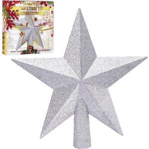 Aneco Silver Glitter Mini Christmas Tree Topper Shatter-Proof 10 Inch Large Christmas Tree Decoration Treetop for Holiday Ornament or Home Decor