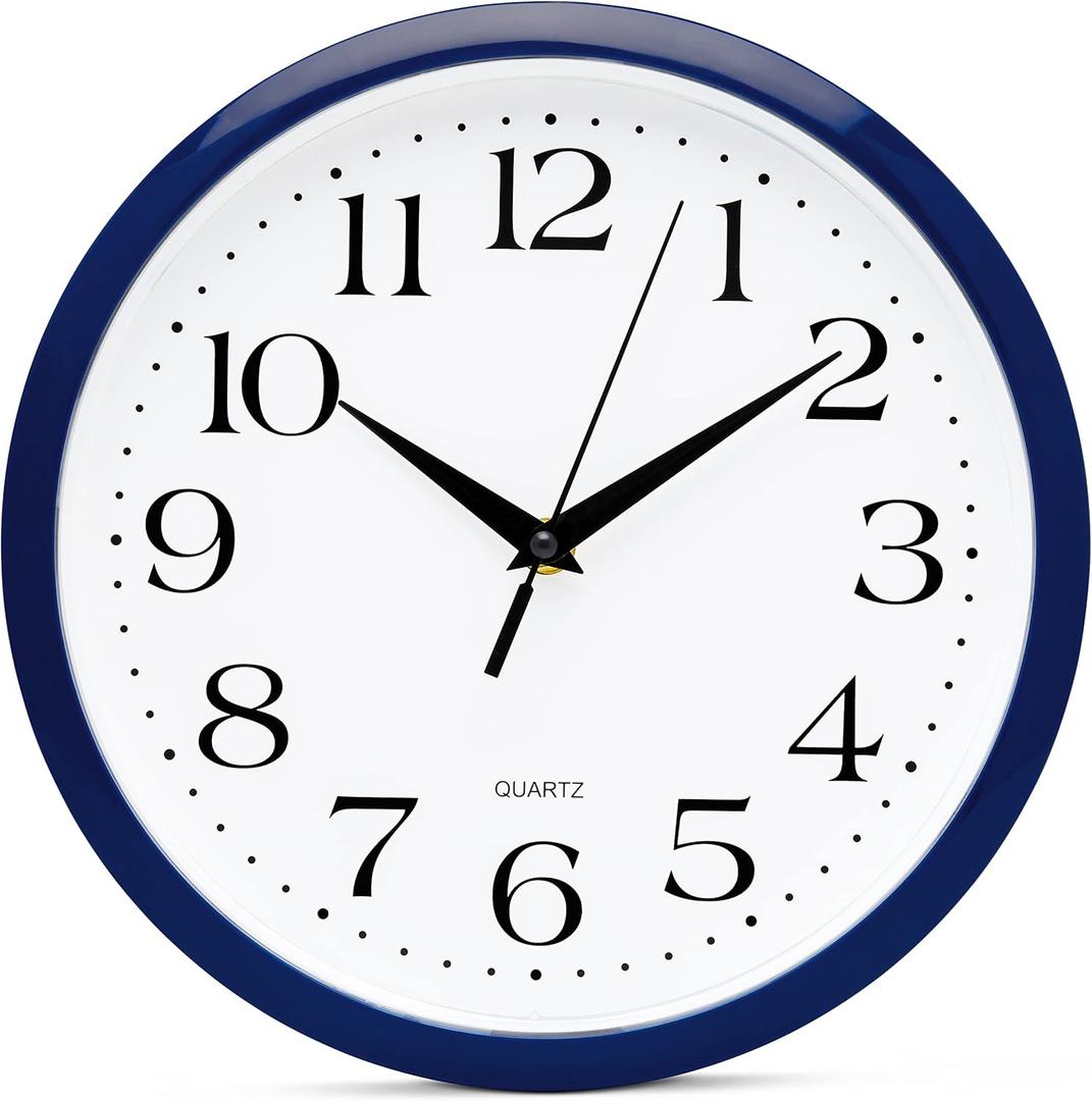 Bernhard Products Navy Wall Clock Silent Non Ticking - 10 Inch Quality Quartz Battery Operated Round Easy to Read Home/Kitchen/Office/Classroom/School Clock