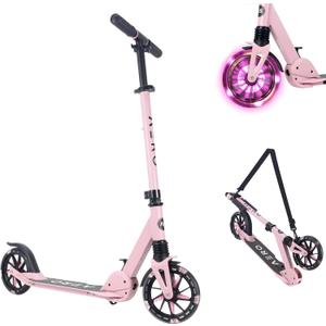 AERO MOBILITY Kick Scooter for Kids 6+, Teens & Adults | Light Up Wheels, Hand Brake, Rubber Deck Mat & Shock Absorption | Foldable & Height Adjustable, Pink