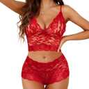 Lilosy Sexy Sheer Floral Lace Pajamas Lingerie Set High Waist Sleepwear Bra and Panty 2 Piece Nightwear (Small, Red)