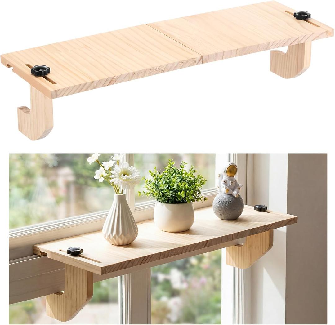 1 Pc Natural Window Sill Plant Shelf for Plants 21.7 x 7.1 x 5.9 Inch Windowsill Extender Window Plant Floating Shelves No Drilling Wooden Bracket for Cat Perch Planters (Right Angle)