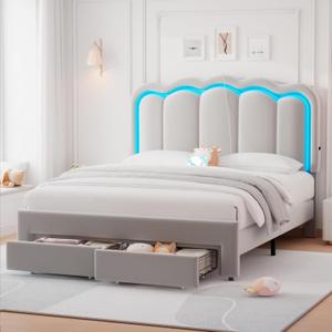 Full Upholstered LED Bed Frame with 2 Storage Drawers and Adjustable Chic Double Wavy Headboard, Velvet Prince Platform Bed with Charing Station, Solid Wood Slats Support, No Box Spring Needed, Grey