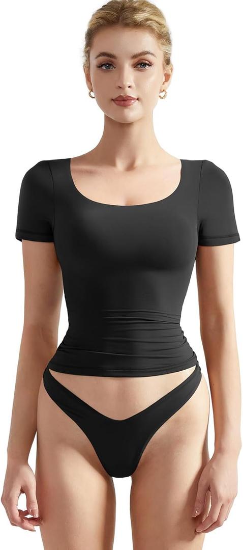 SUUKSESS Women Double Lined Fitted Basic Tee Scoop Neck Short Sleeve Y2K Crop Top (Size X-Small, Jet Black)