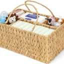 Large Baby Diaper Caddy Organizer, Handwoven Water Hyacinth Storage Basket, Portable Wicker Car Diaper Storage Bin for Nursery and Travel