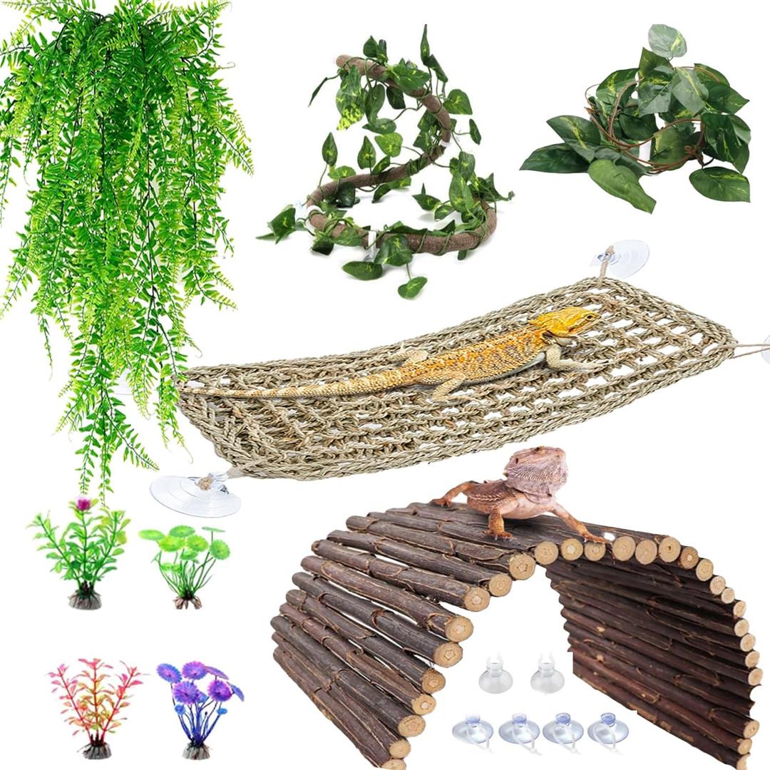 Bearded Dragon Tank Accessories, Reptile Mat Hammock Plants Bridge Jungle Climber Vines Terrarium Decorations for Hermit Crab Lizard Snake (9 PCS Without Reptile Mat)