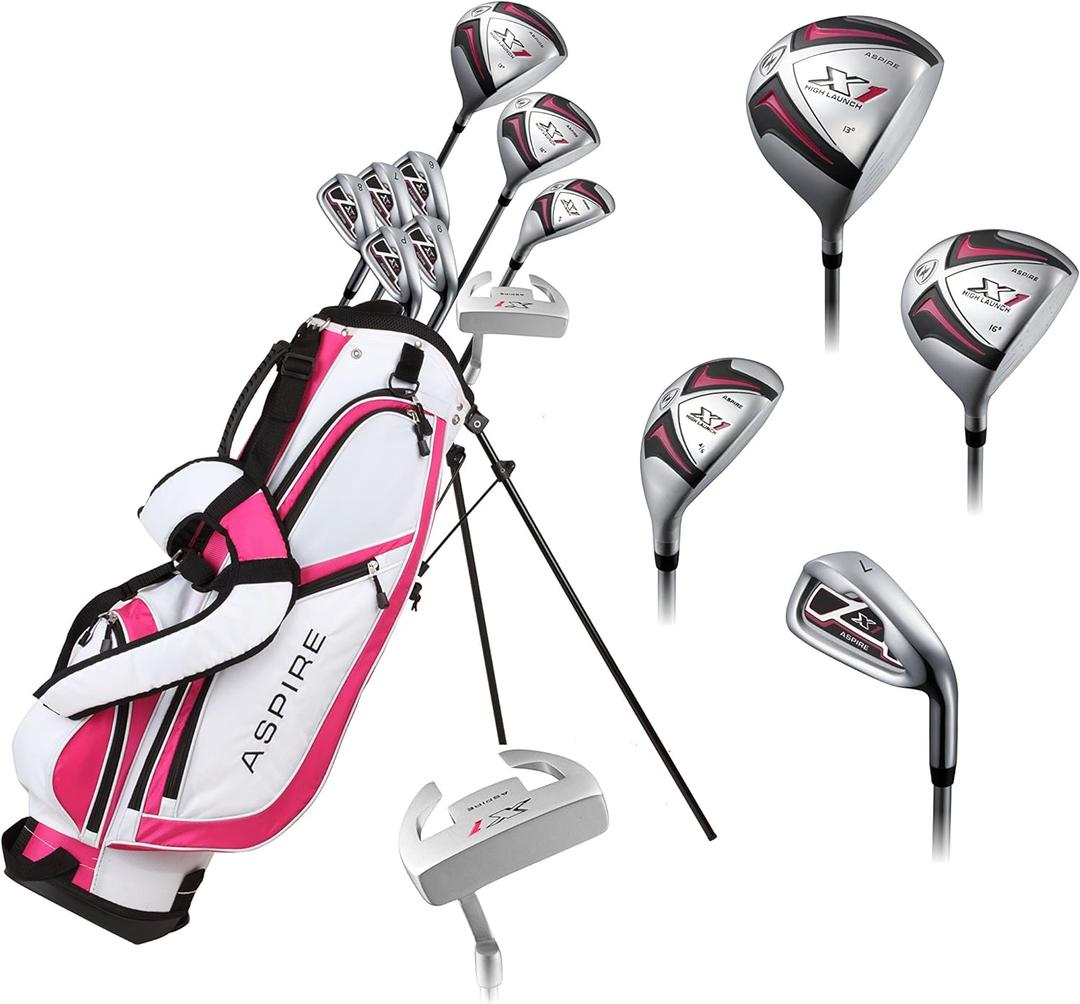 Aspire X1 Ladies Complete Right Handed Golf Club Set | Complete Regular & Petite Womens Golf Clubs Set | with 3 HC's, Lightweight Shafts & Spacious Stand Bag w/Storage Pockets & Dual Carrying Straps