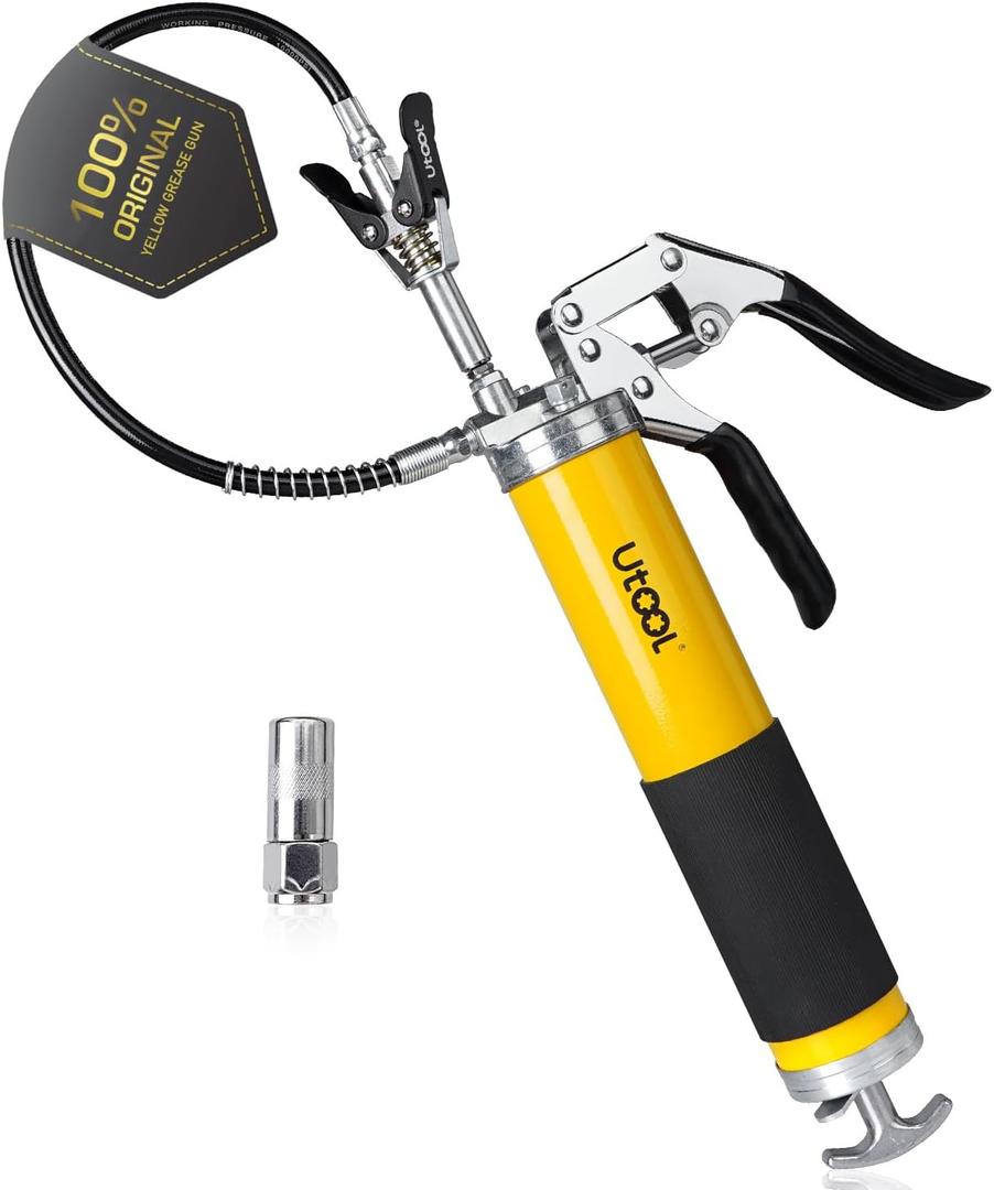 UTOOL Grease Gun, 8000 PSI Heavy Duty Pistol Grip Grease Gun Kit with 14 oz Capacity, 18 Inch Resin Flex Hose, 1 Patented Double Handle Coupler, 1 Basic Coupler (Yellow&Black)