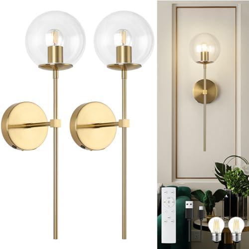 HLILCEH Battery Operated Wall Sconce Set of 2 Glass Globe 3000K Rechargeable Wall Light Fixture Wireless Wall Lights with Clear Glass Shade for Living Room, Hallway, Bedroom(2 Pack)
