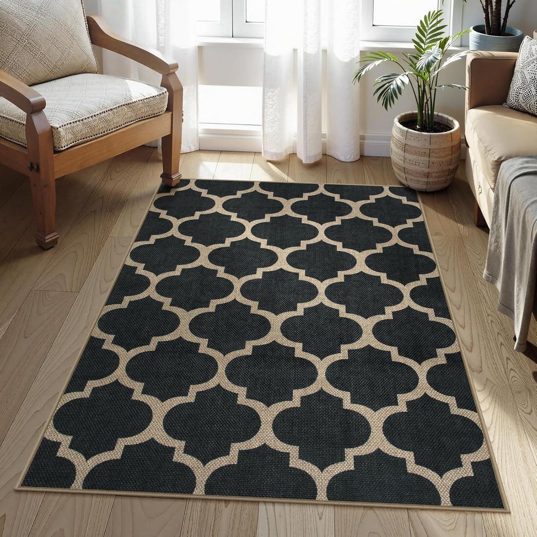 Lahome Moroccan 3x5 Outdoor Rug, Easy Jute Black Washable Rug for Entryway Front Porch, Geometric Trellis Woven Non Slip Door Mat for Entrance, Thin Non Shedding Farmhouse Throw Rugs for Balcony