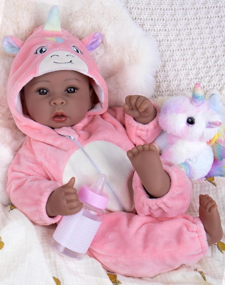 Aori 17 Inch Black Baby Dolls Realistic Black Doll with Light Weighted Soft Body & Pink Outfits for Girls 3+ | Pretend Play, Dress Up, Nursery Decor