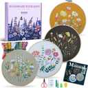 ETSPIL Embroidery Kit for Adults & Teens, 4-Pack Floral Samplers, 2 Adjustable Hoops, Pre-Printed Fabric, 17 Vibrant Threads, 16 Needles, Beginner-Friendly Stitch Guide & Video, DIY Craft Gift