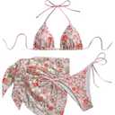 MakeMeChic Women's 3 Piece Bikini Set Floral Halter Triangle Tie Side Thong Swimsuit with Cover Up Skirt Pink Large