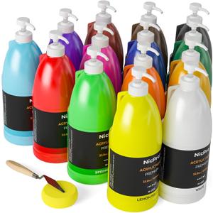 Nicpro 14 Colors Large Bulk Acrylic Paint Set (33.8 oz, 1000 ml) Rich Art Painting Supplies, Non Toxic for Multi Surface Canvas Wood Leather Fabric Stone Craft, for Kid & Adult with Pump, Color Wheel, 33.8 Fl Oz