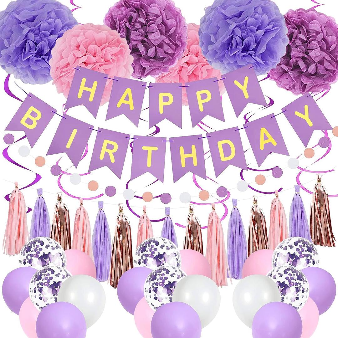 Purple Pink Birthday Party Decorations for Women Girls with Happy Birthday Banner,Hanging Swirls,Tissue Paper Pompoms,Circle Dots Garland,Tassel Garland Purple Balloons