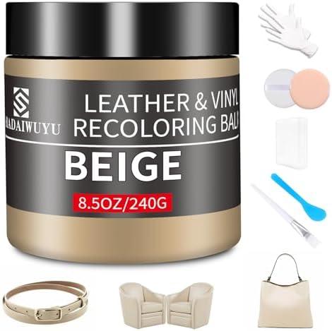 Leather Recoloring Balm, 8.5oz Leather Color Restorer, Beige Leather Repair kit for Furniture and Car Interior, Leather Couch Scratch Repair, Leather Dye Paint for Faded, Cracked and Damaged Leather