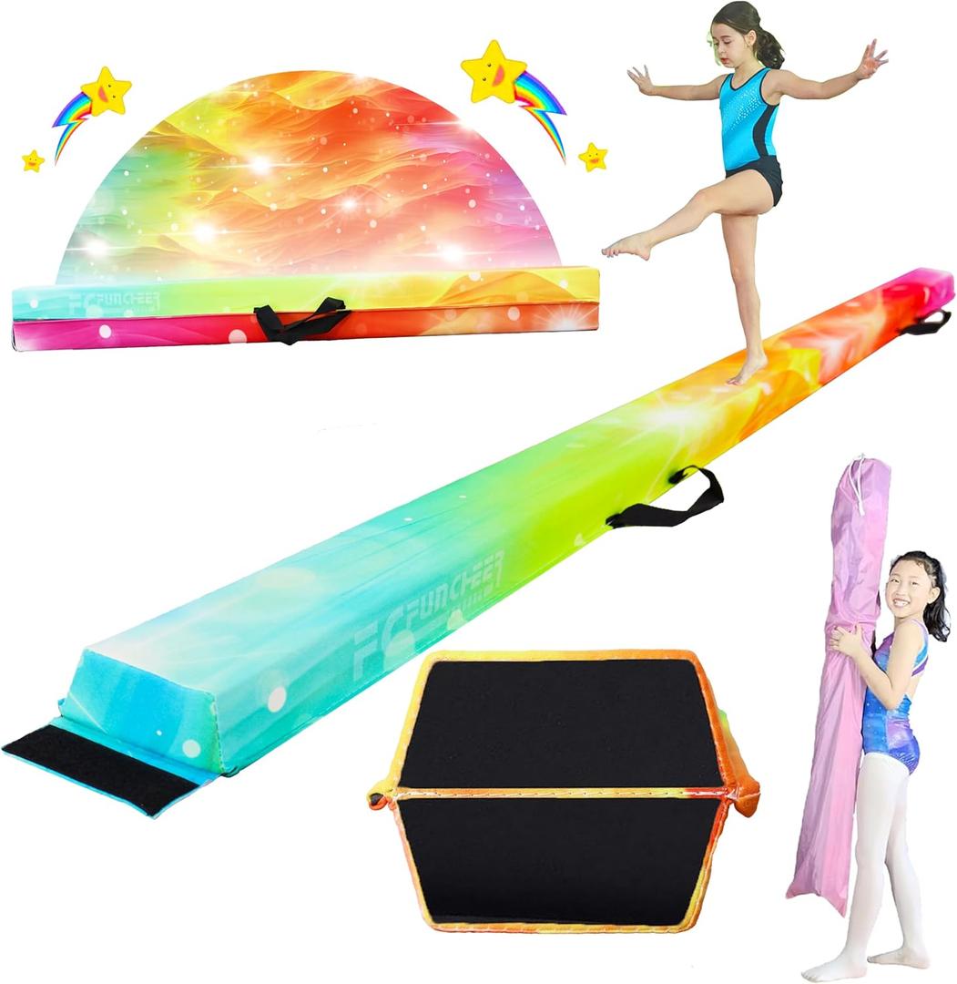 Folding Balance Beam for Kids- Gymnastics Foam Floor Beam, Anti-Slip Bottom with Carrying Bag, Faux Suede Covered, Gymnastics Equipment for Home (Faux Suede, Starlight Rainbow, 9FT)