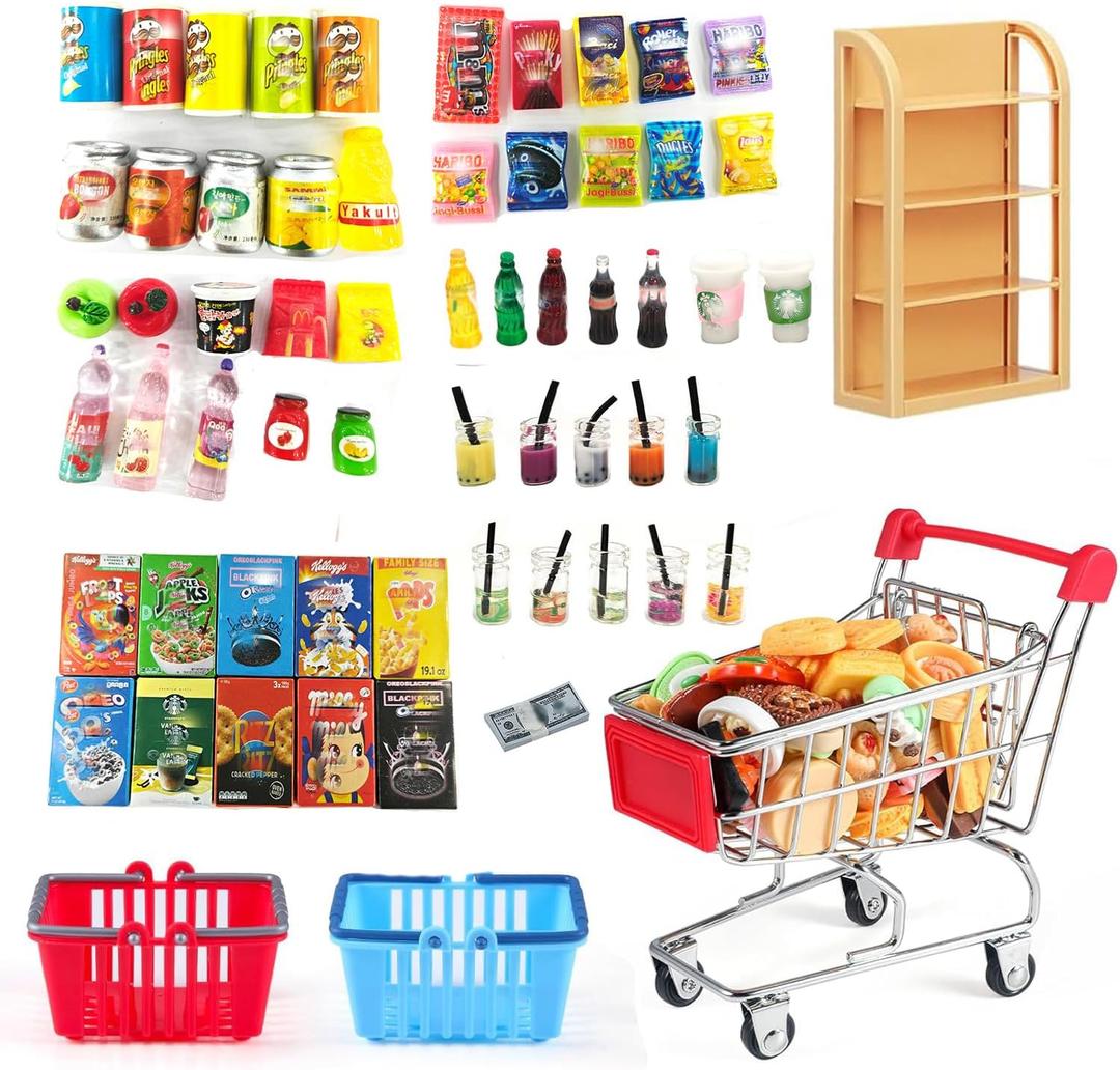112pcs Miniature Dollhouse Grocery Set Shopping Cart Basket Food Drink Bottle Supermarket Metal Handcart Toys Doll House Store Cosplay Game Dollhouse Grocery Party Trolley Model Dollar Bills