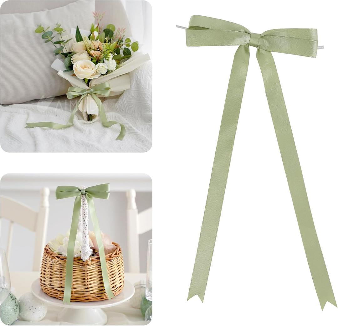 Sage Green Bows 5 × 10" Satin Bows for Gift Wrapping Twist Tie Bows Premade Ribbon Bows for Bouquets Invitations Baskets Crafts Wreaths Wedding Birthday Baby Shower Party Decorations, 36 PCs