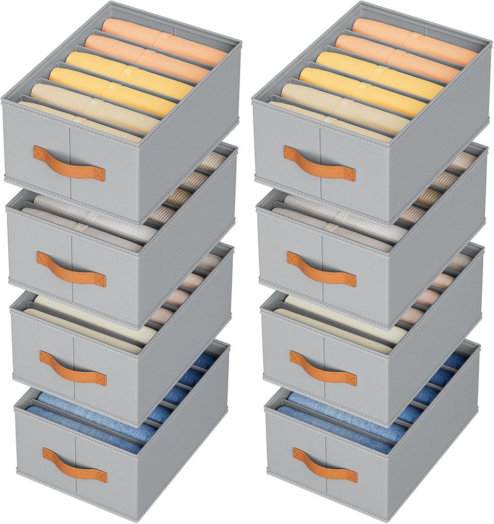 DIMJ Large Wardrobe Clothes Organizer - 8 Packs Fabric Closet Storage Organizer with Handles, Foldable Closet Organizers Dividers for Clothing Jeans Pants Sweater T-shirt (Grey)