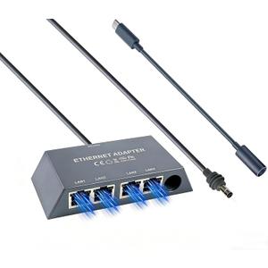 ELUTENG Starlink Multi Port Ethernet Adapter 50cm/1.6ft for Starlink Gen 3 / MINI, 4-Ports Ethernet Dongles RJ45 Interface Wired Extenders with USB C to DC Adapter - 4 Devices Networked Simultaneously