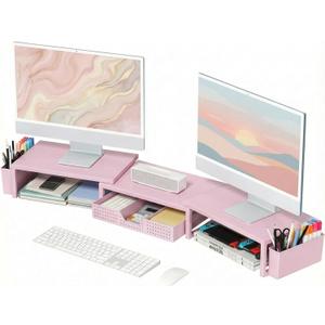 OPNICE Pink Desk Organizers and Accessories for Women, Dual Computer Monitor Stand Riser with Drawer and 2 Pen Holders, Office Desk Accessories, Workspace Desktop Organization for Office Supplies