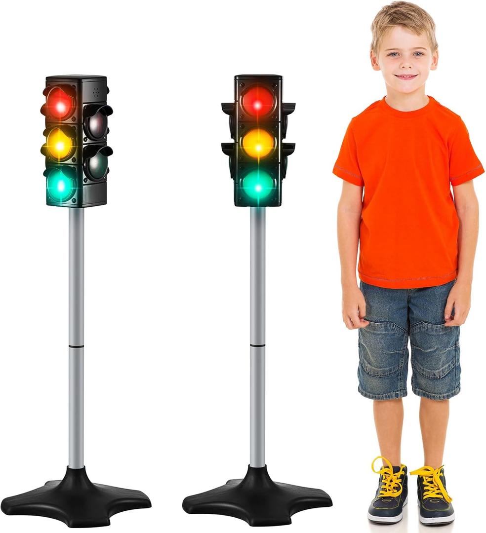Hiboom 2 Pieces Traffic Light Toy 2 in 1 Simulation Safety Traffic Indicator Crosswalk Signal with Lights and Sounds for Birthday Educational Toy Gift 4 Sides, 28.4 Inch Height