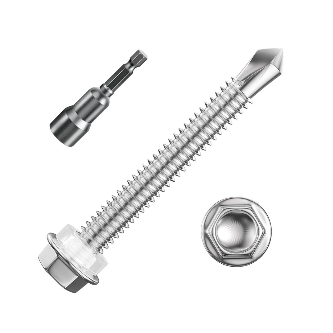 (100Pcs) #102" Hex Washer Head Self Drilling Screws, 410 Stainless Steel Metal SheetScrewsTEK Screws, Sheet Metal Self Tapping Screws (#10x2", Silver)