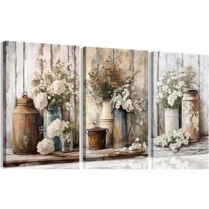 Vintage Rustic Farmhouse Canvas Wall Art Vintage Country Floral Still Life Wall Decor White Daisy Paintings Pictures Wildflower Prints Artwork for Kitchen Bathroom Living room Decoration 16x24in