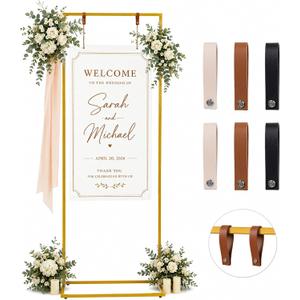 Wedding Welcome Sign Stand, 79" Extra-Tall Height - Gold Metal Sign Holder with 6 Leather Straps, Easel Stand for Seating Charts & Event Décor
