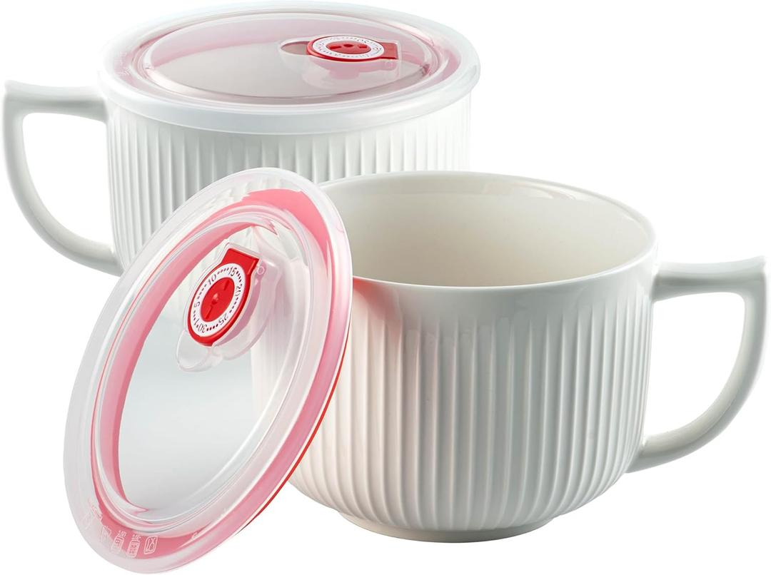 Oversized Soup Bowls with Handles, 38oz Microwave Ramen Bowl with Lid, Jumbo Soup Mug for Ramen, Noodle, Cereals, Soup Container with Lid, Dishwasher Safe - set of 2 (White)