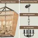 Modern Farmhouse Chandelier Light Fixtures, 4-Light Rattan Pendant Lighting with Bulbs, Boho Black Metal Geometry Chandeliers for Dining Room, Kitchen Island, Entryway Foyer