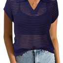 Arach&Cloz 2025 Womens Crochet Cap Sleeve Sweater Vest Knit Tops Spring Summer Shirts Lightweight Collared Hollow Out Casual Blouses Pullover Navy S (S)