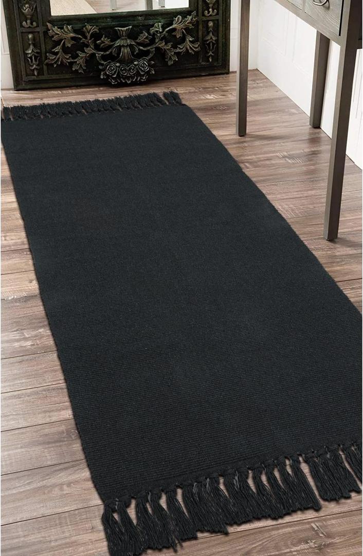 Seavish Black Hallway Runner Rug Machine Washable Rug, 2X6 Kitchen Runner Rug Cotton Hand Woven Reversible Farmhouse Low-Pile Entryway Rug for Laundry Room Bedroom Bathroom Foyer Living Room